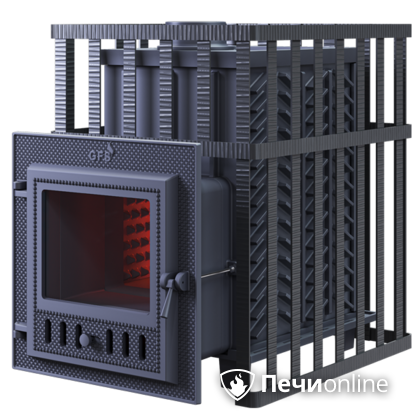 Дровяная банная печь Гефест ЗК в сетке-18 (М) чугунная дверца со стеклом, запатентованная каменка сетка в Щербинке